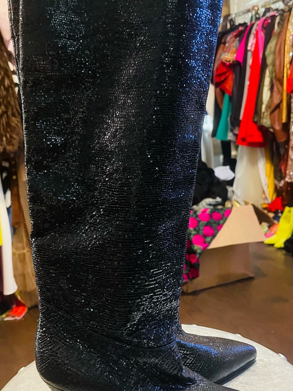 All Saints Black Patent Leather Knee-High Pointed Toe Boots